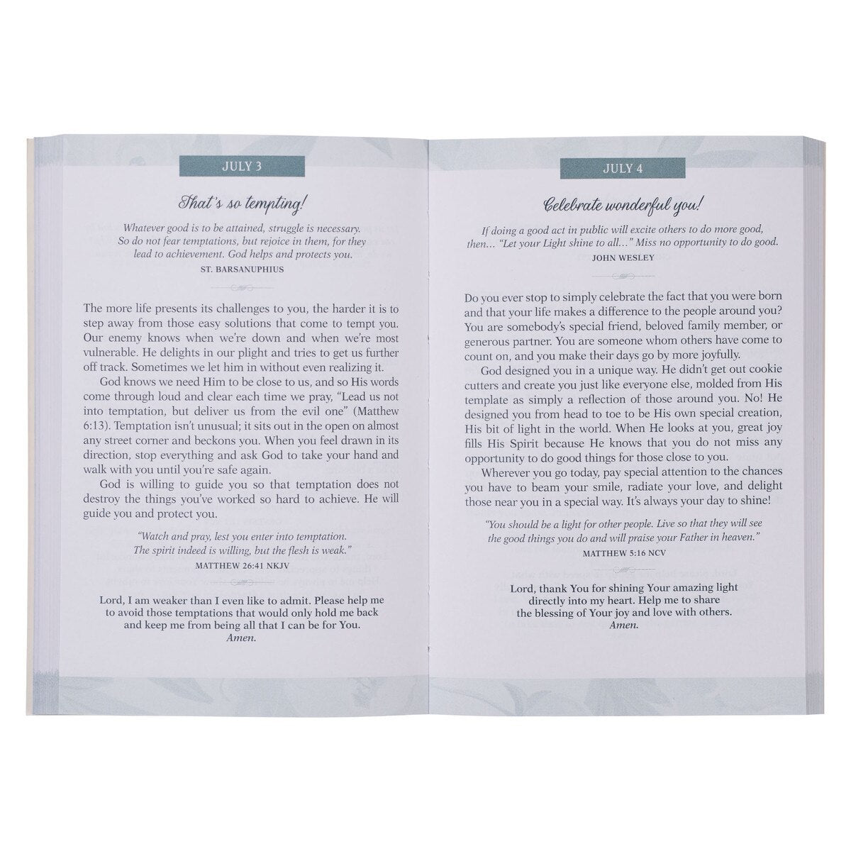 Inside spread of You Are Blessed devotional book showing daily reading format with Scripture and reflection on God's blessings - Christian devotional for cultivating gratitude and recognizing God's favor in everyday life