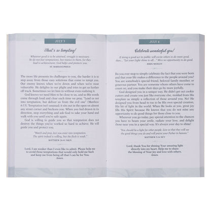Inside spread of You Are Blessed devotional book showing daily reading format with Scripture and reflection on God's blessings - Christian devotional for cultivating gratitude and recognizing God's favor in everyday life