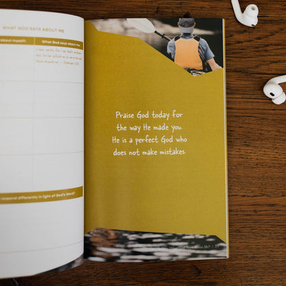 Open page of Confident in Christ Gospel Meditations on Identity for Teens devotional with text "Praise God today for the way He made you. He is a perfect God who does not make mistakes" included in Teen Boy Blessing Box