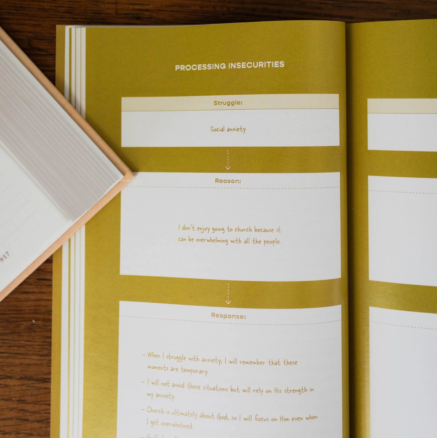 Open page of Confident in Christ Gospel Meditations on Identity for Teens devotional showing a reading on processing insecurities included in Teen Boy Blessing Box