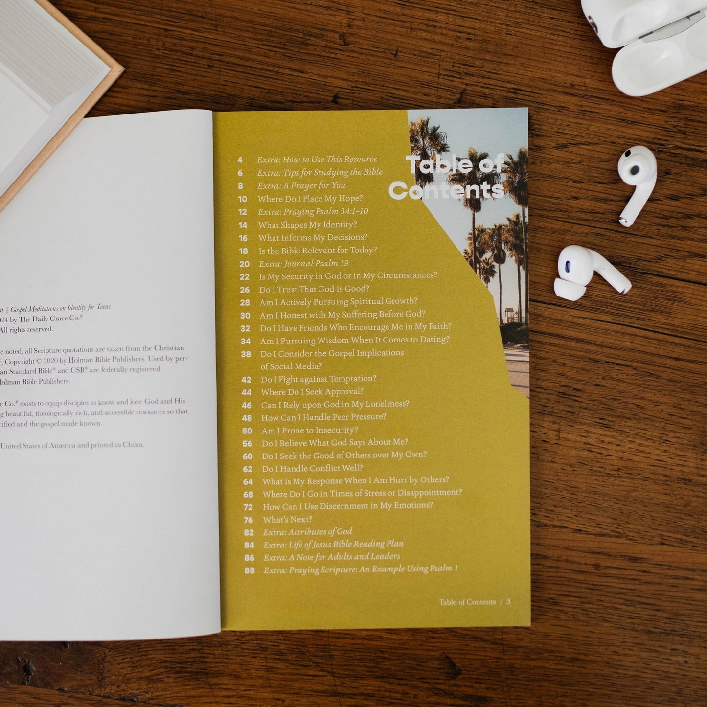 Table of contents page of Confident in Christ Gospel Meditations on Identity for Teens devotional included in Teen Boy Blessing Box