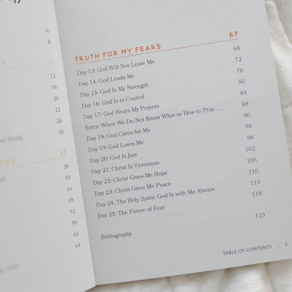 Open page of Fear Not Gospel Hope for Worried Teens devotional showing 'Truth for My Fears' section included in Fear Not Teen Girl Blessing Box