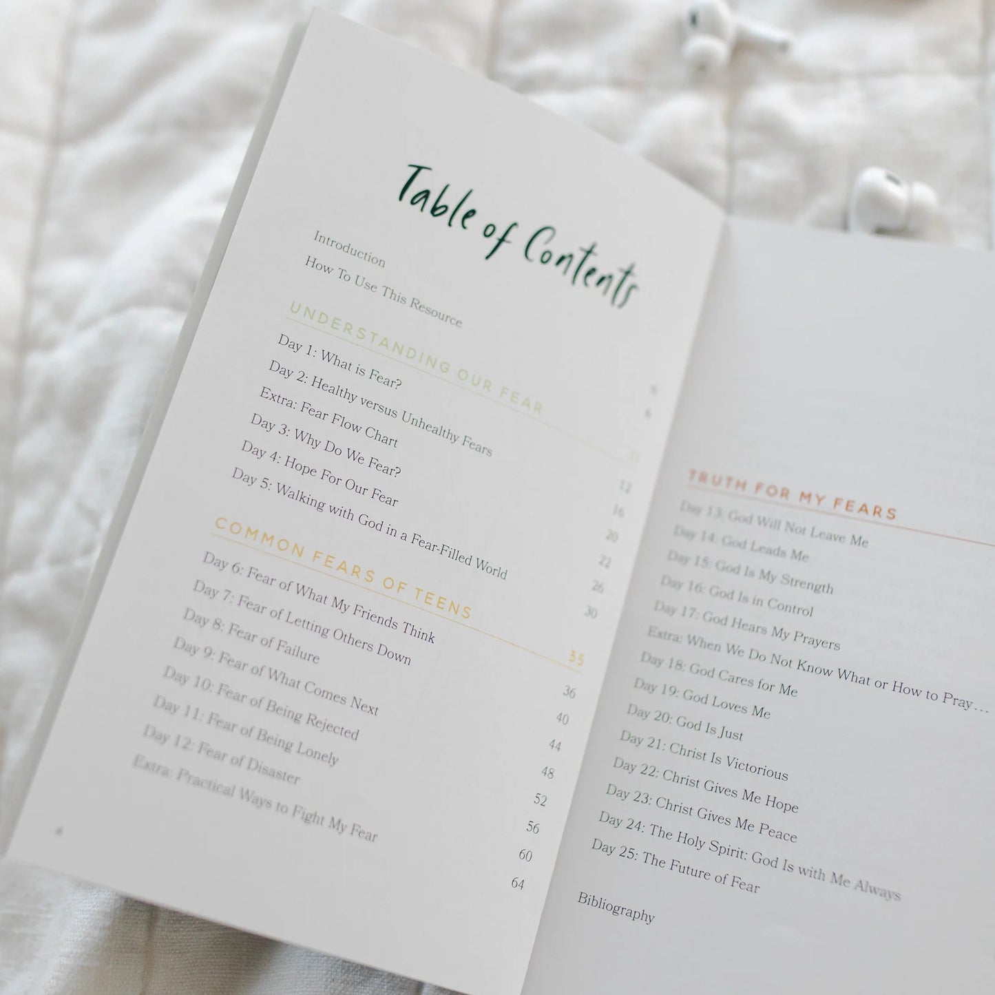 Table of contents page of Fear Not Gospel Hope for Worried Teens devotional included in Fear Not Teen Girl Blessing Box