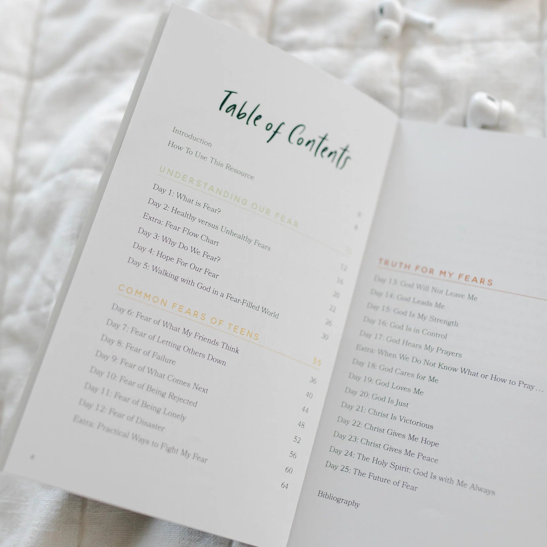 Table of contents page of Fear Not Gospel Hope for Worried Teens devotional included in Fear Not Teen Girl Blessing Box