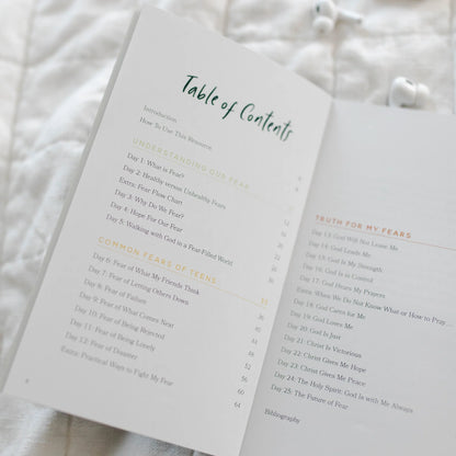 Table of contents page of Fear Not Gospel Hope for Worried Teens devotional included in Fear Not Teen Girl Blessing Box