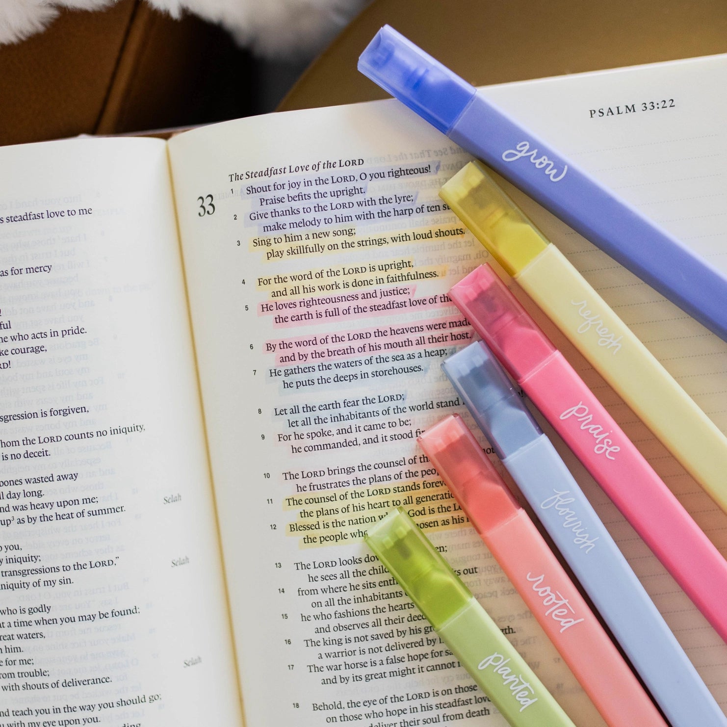 Garden Highlighter Set positioned over open Bible with Scripture highlighted using the pens included in Fear Not Teen Girl Blessing Box