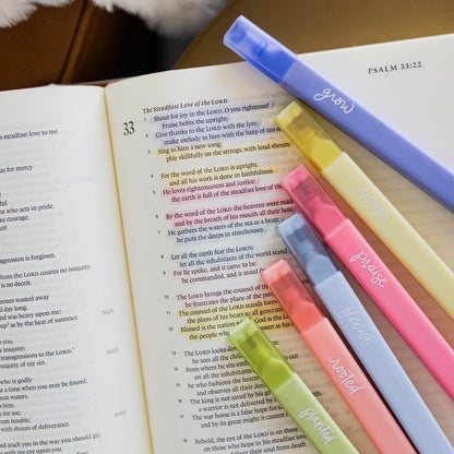 Garden Highlighter Set positioned over open Bible with Scripture highlighted using the pens included in Fear Not Teen Girl Blessing Box