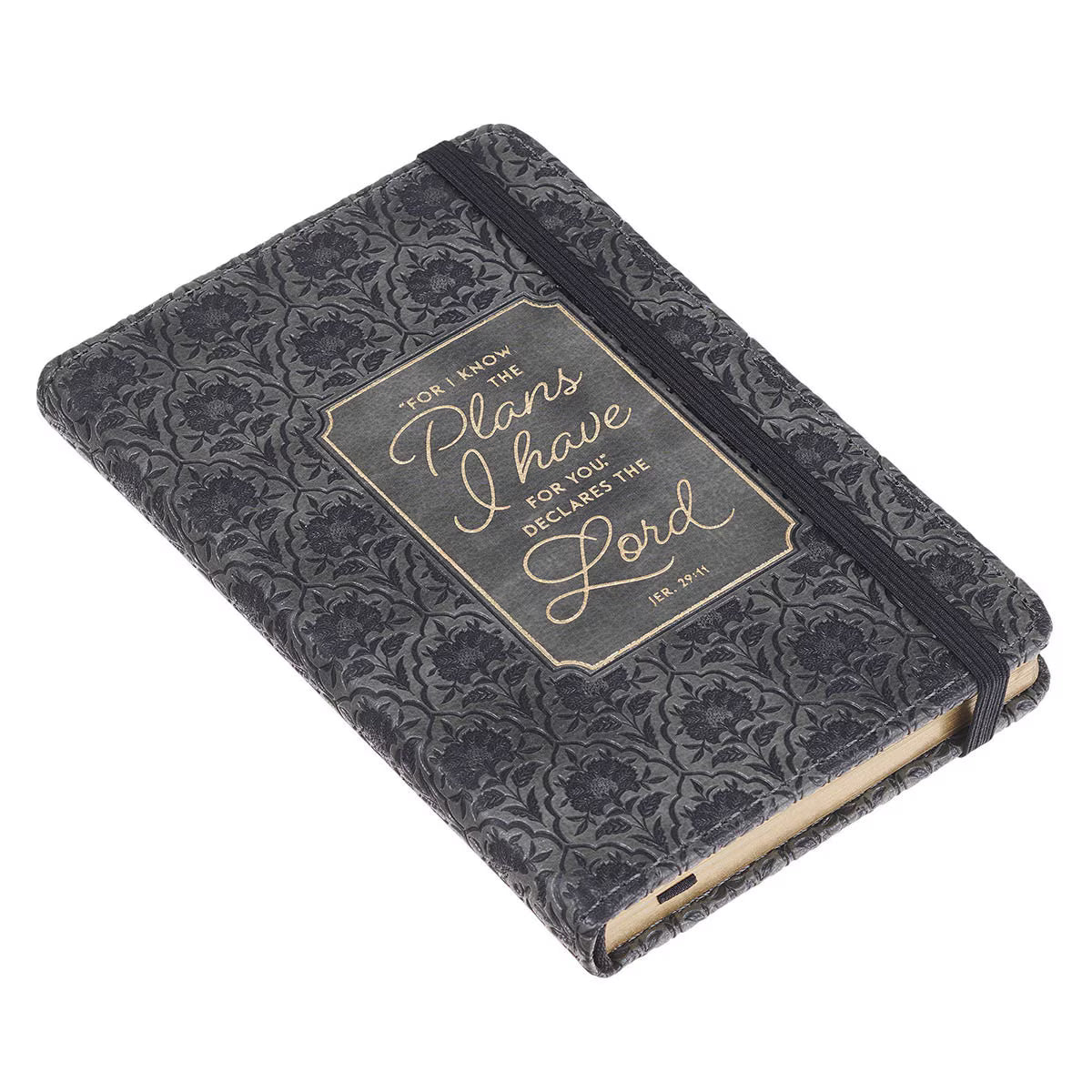 Front cover of I Know the Plans Graphite Gray Faux Leather Hardcover Notebook with Elastic Closure Jeremiah 29:11 laying flat on white background included in Teen Boy Blessing Box