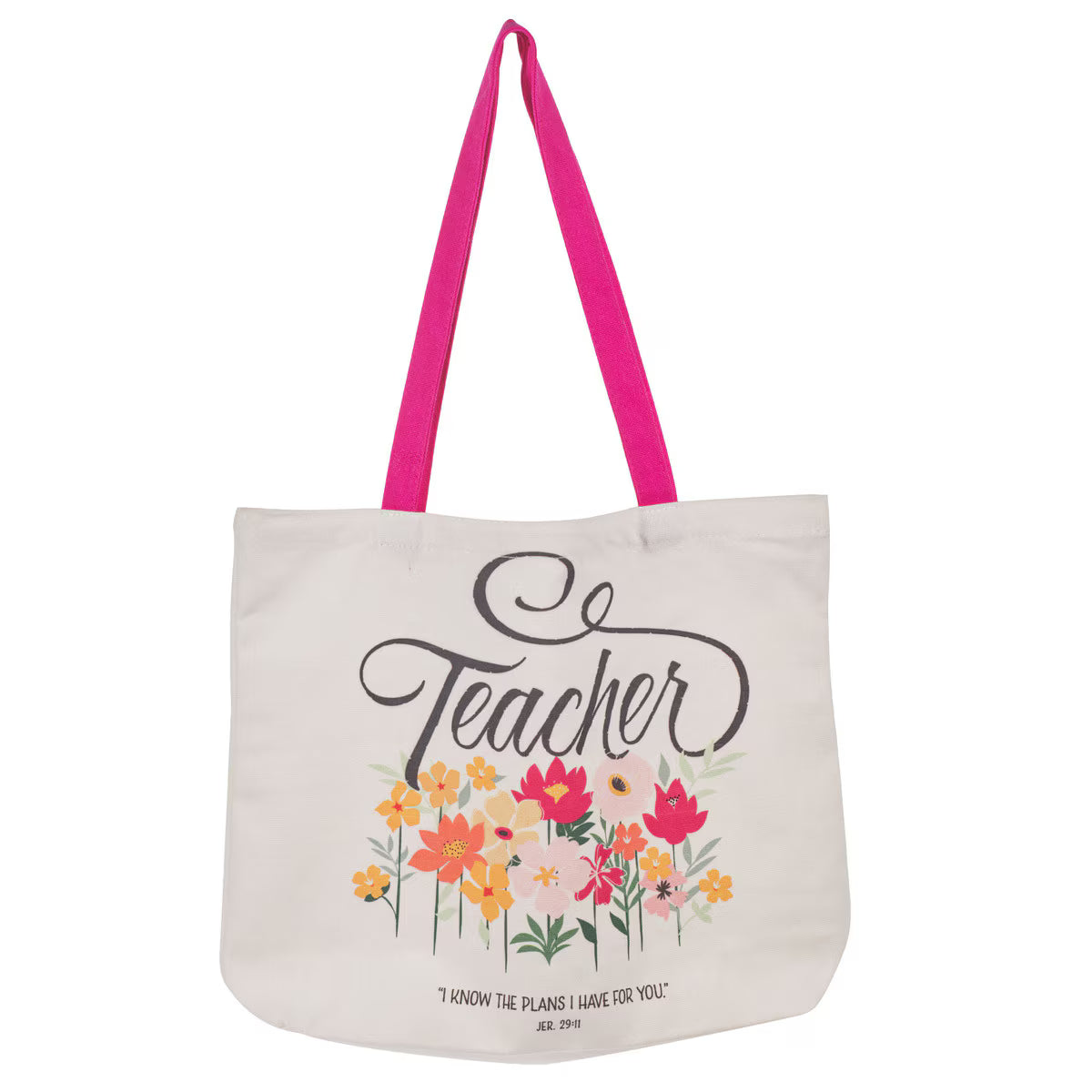 I Know the Plans Teacher Canvas Tote Bag with pink and orange floral design and Jeremiah 29:11 scripture with 'Teacher' text 