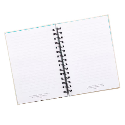 Open pages of Made New Butterfly Large Hardcover Wirebound Journal showing interior lined pages included in Fear Not Teen Girl Blessing Box