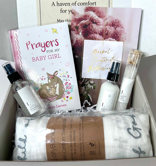New Mom & Baby Girl Blessing Box with all 6 items inside the gift box showing everything included
