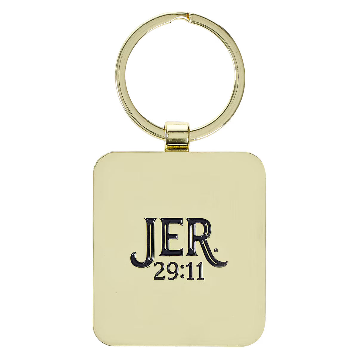 Back of Plans to Give You Hope and a Future black epoxy-coated metal keychain with gold text reading JER 29:11 included in Teen Boy Blessing Box
