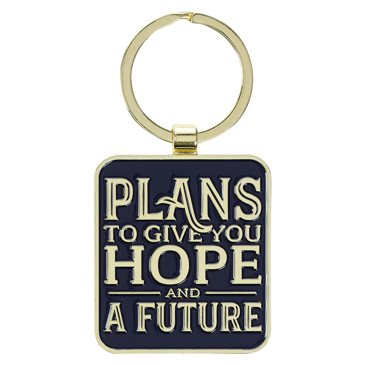 Front of Plans to Give You Hope and a Future black epoxy-coated metal keychain with gold ring and gold writing Jeremiah 29:11 included in Teen Boy Blessing Box
