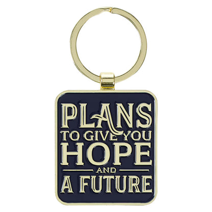 Front of Plans to Give You Hope and a Future black epoxy-coated metal keychain with gold ring and gold writing Jeremiah 29:11 included in Teen Boy Blessing Box