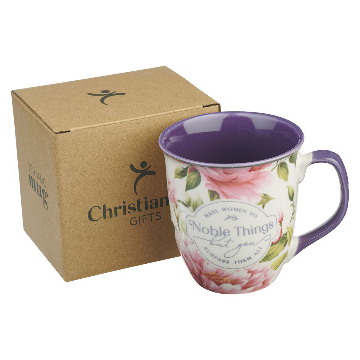 Floral and purple colored coffee mug with scripture Proverbs 31:29 verse "many women do noble things but you surpass them all" included in Walk by Faith Women's Blessing Box