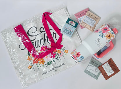 Flat lay of all items included in the Soul Haven Teachers Care Box on white background