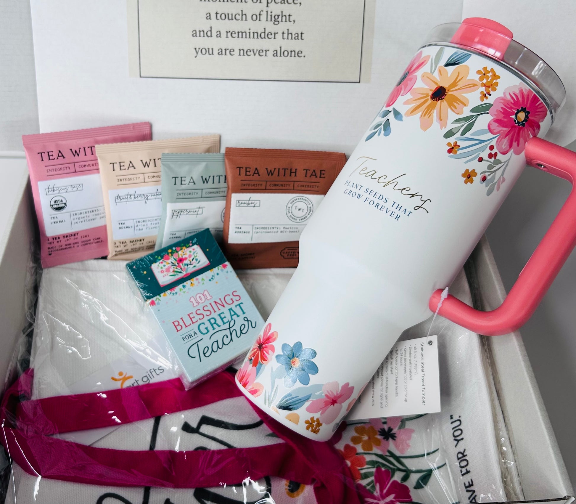 Soul Haven Teachers Care Box with all items included — canvas tote bag, floral tumbler, Box of Blessings and Tae Tea sachets