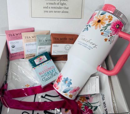 Soul Haven Teachers Care Box with all items included — canvas tote bag, floral tumbler, Box of Blessings and Tae Tea sachets