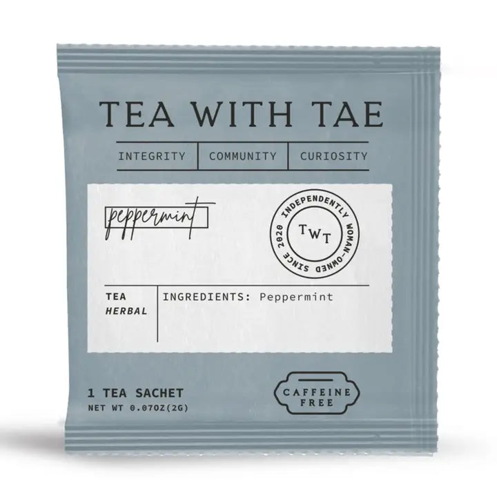 Tae Tea Peppermint Herbal Minty individually wrapped tea sachet showing ingredients
