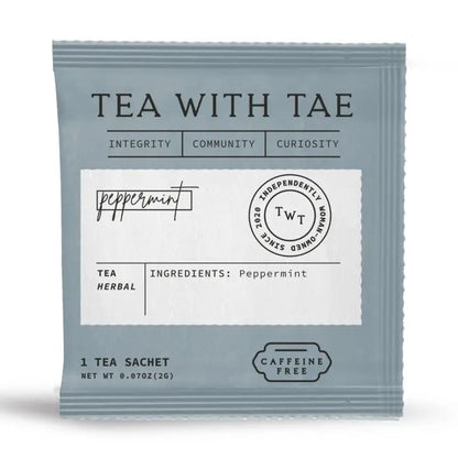 Tae Tea Peppermint Herbal Minty individually wrapped tea sachet showing ingredients