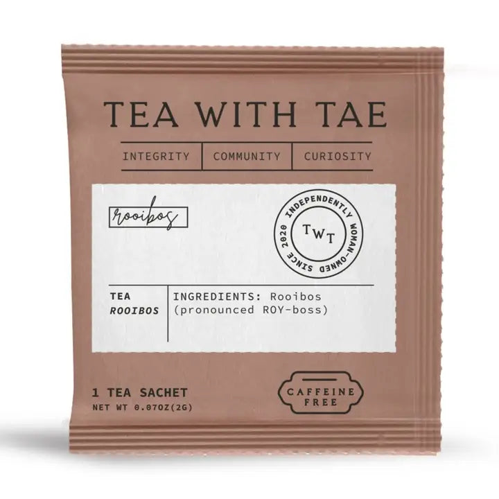 Tae Tea Rooibos Herbal Antioxidant individually wrapped tea sachet showing ingredients
