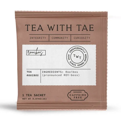 Tae Tea Rooibos Herbal Antioxidant individually wrapped tea sachet showing ingredients