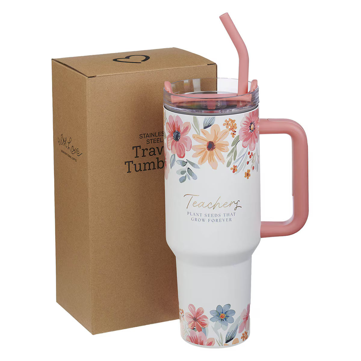 Teachers Plant Seeds floral-patterned stainless travel mug with pink handle and straw, next to its packaging box.