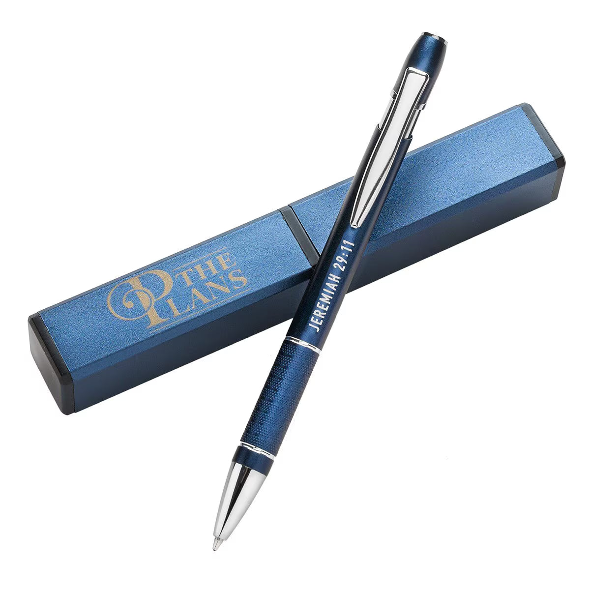 The Plans blue stylish pen with Jeremiah 29:11 resting on top of its blue gift case included in Teen Boy Blessing Box